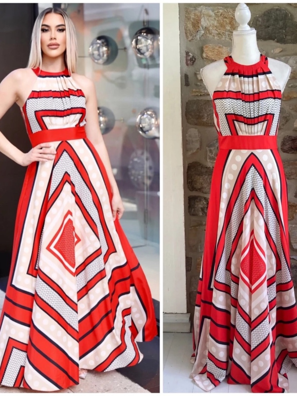 ELIZA J Poppy Stripe Scarf Print Crepe de Chin Bow Tie Back Maxi Gown Dress 8